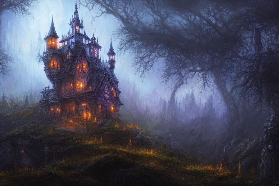 Eerie Gothic-style mansion on hill with foggy forest backdrop