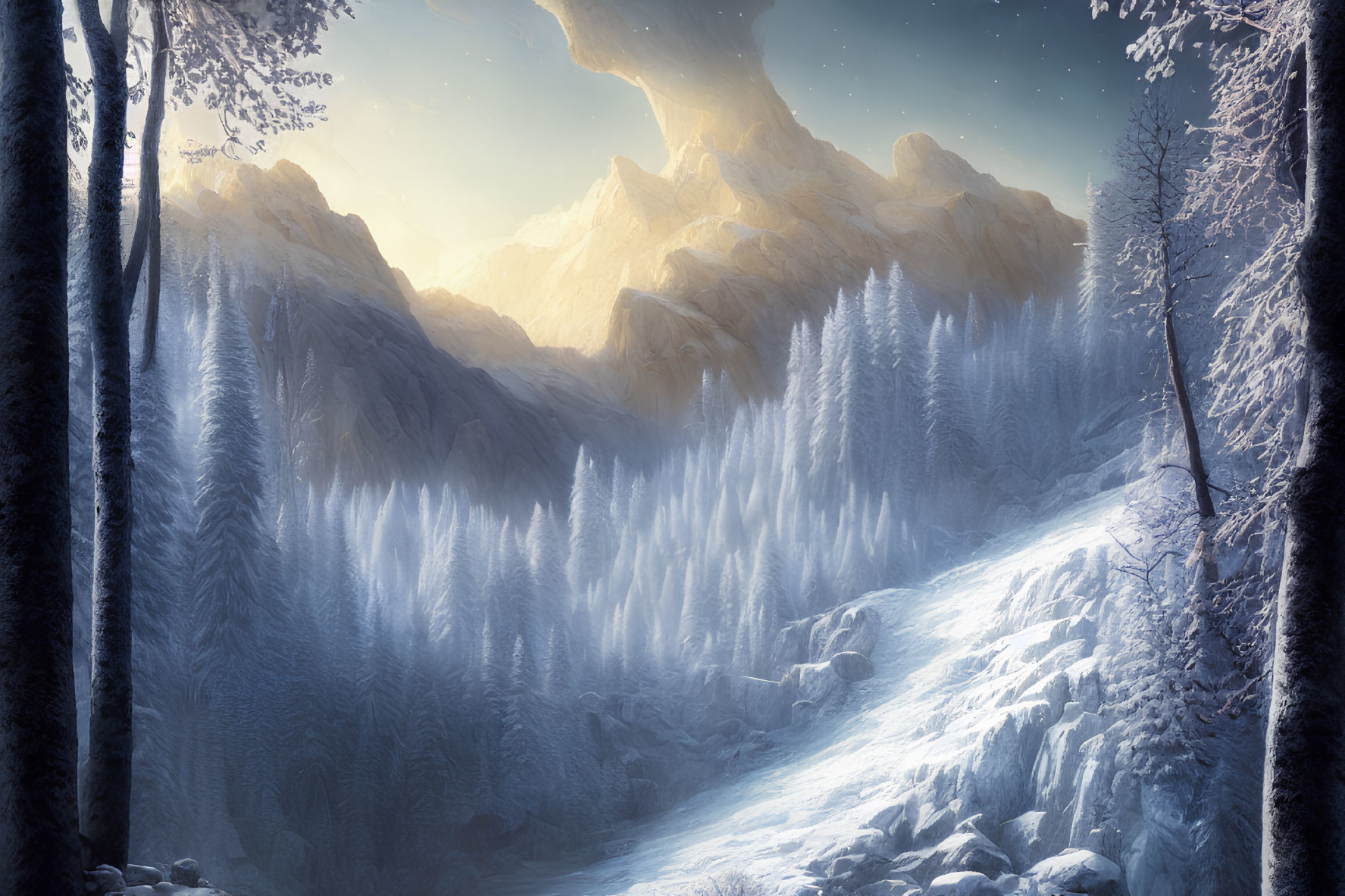 Snowy forest path towards sunlit mountains under starry sky