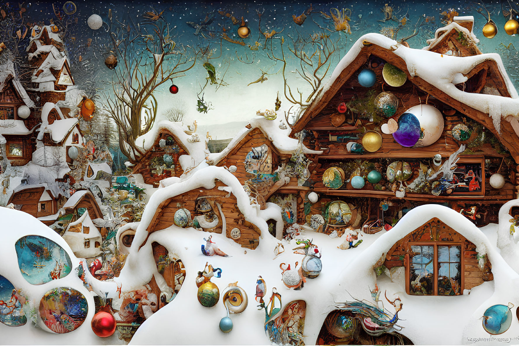 Snow-covered cottages, floating ornaments, and magical rabbits in a whimsical winter scene