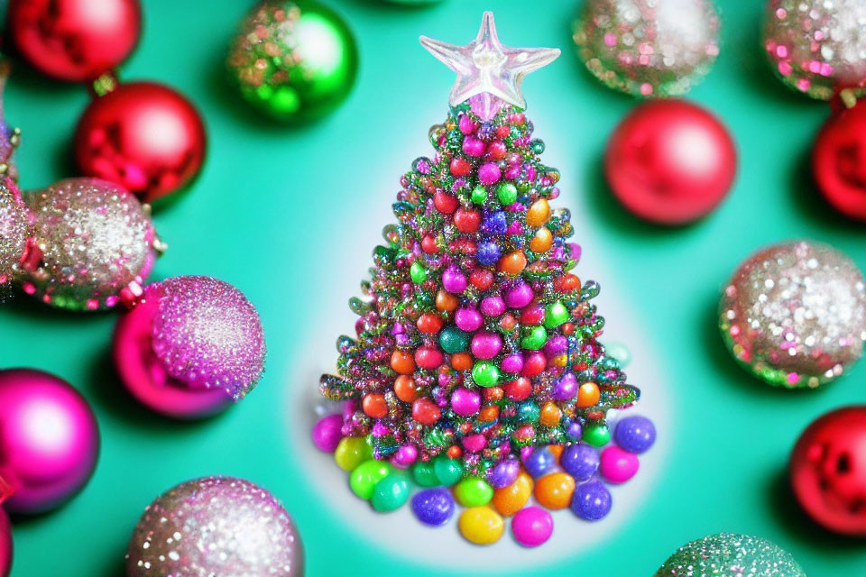 Colorful Miniature Christmas Tree with Beads and Baubles on Teal Background
