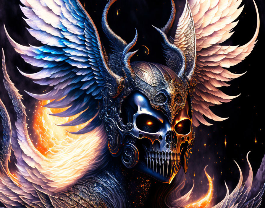 Skull with ornate horns, helmet, and luminous wings in cosmic setting
