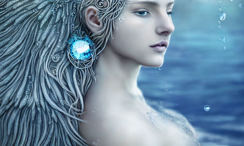 Ethereal being with silver hair and blue jewel earring submerged in water