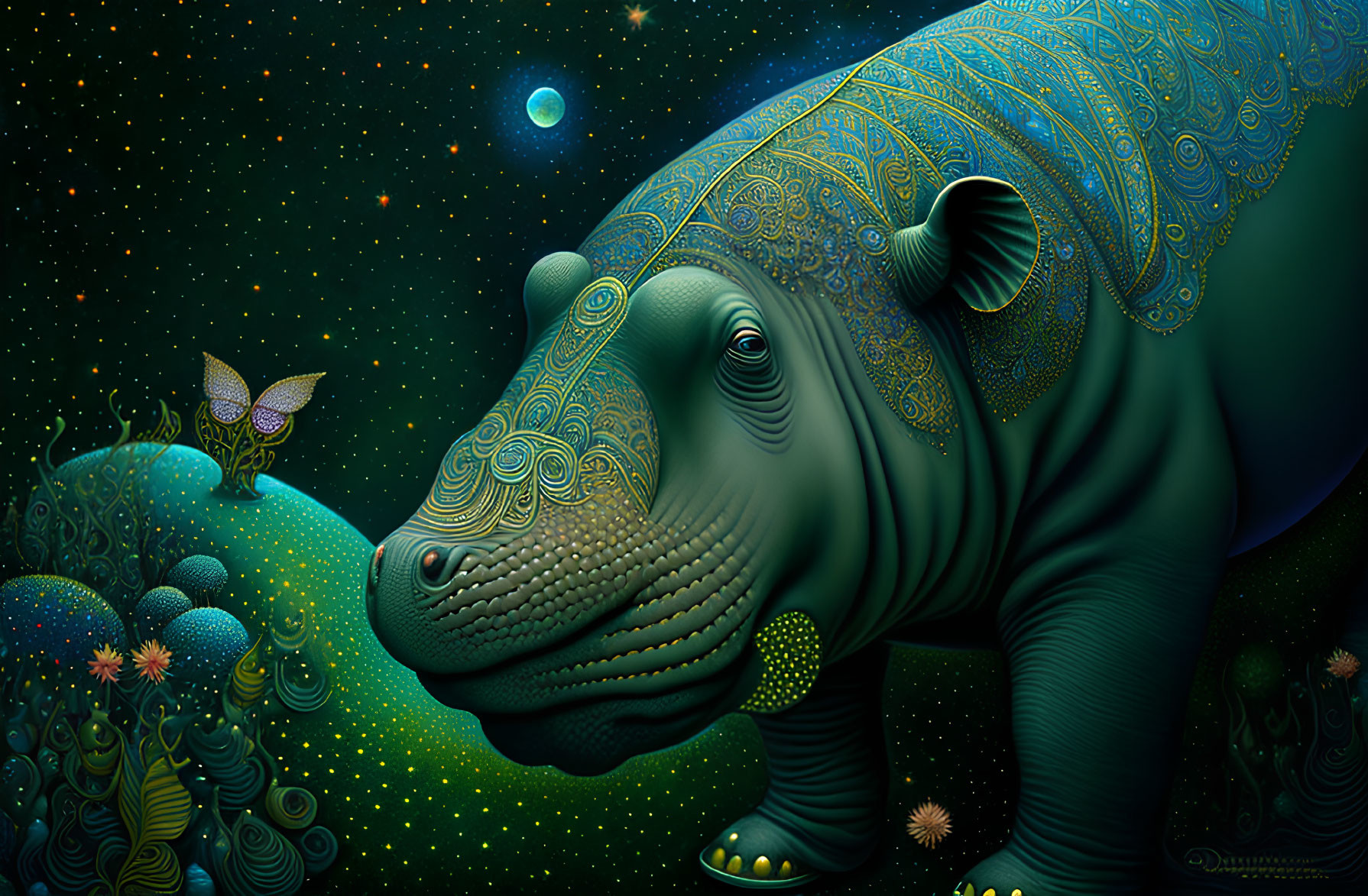 Detailed illustration of a colorful hippopotamus in a starry night setting