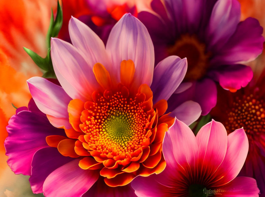 Vibrant Close-Up of Orange and Pink Flowers with Yellow Center