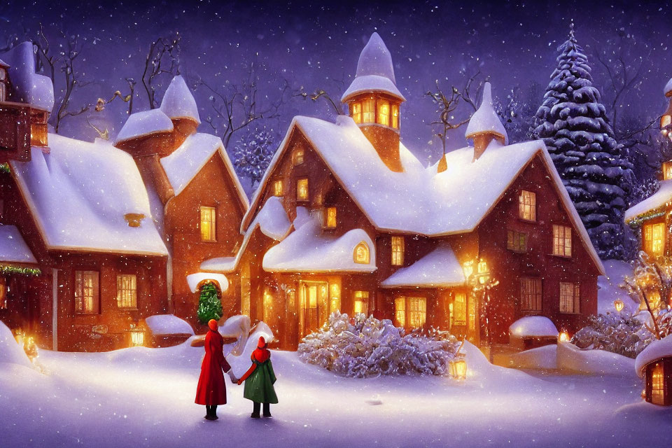 Snowy night scene: Two people holding hands in front of decorated houses under starry sky