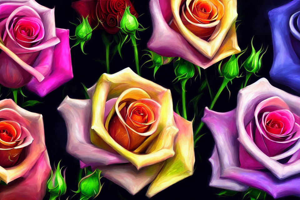 Colorful Roses Digital Painting with Dynamic Strokes on Dark Background