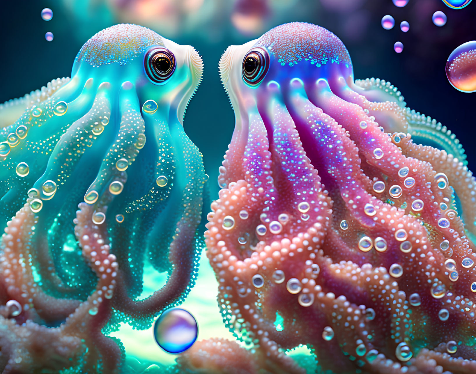Colorful digital art: Two vibrant octopus-like creatures with expressive eyes and iridescent tentacles