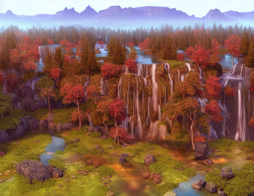 Scenic landscape with waterfalls, autumn foliage, rivers, and misty mountains