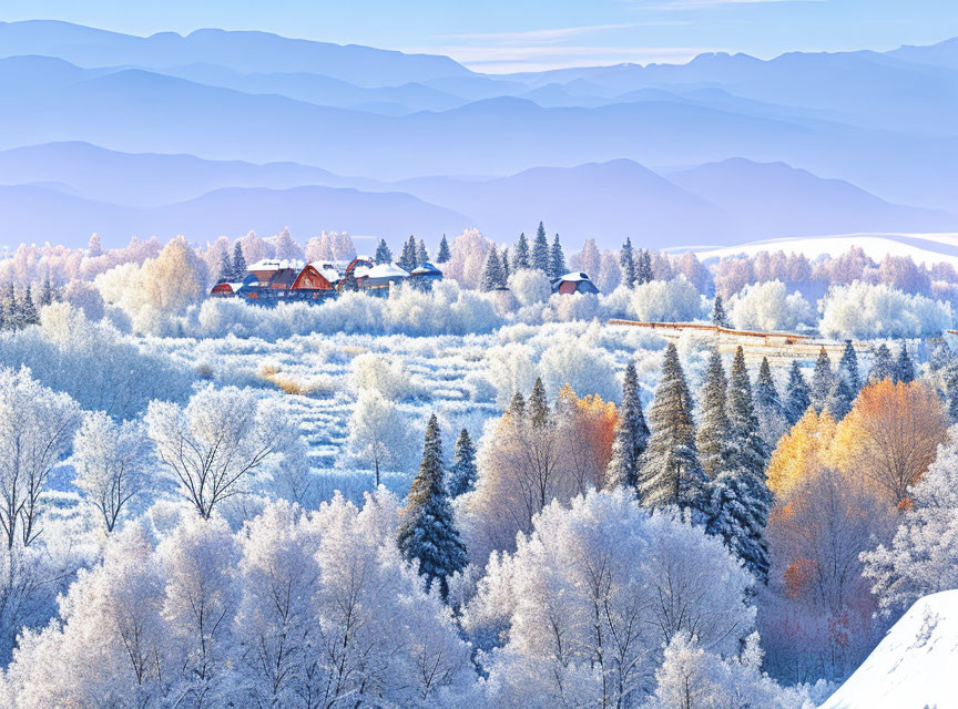 Frost-covered trees and red-roofed houses in winter landscape
