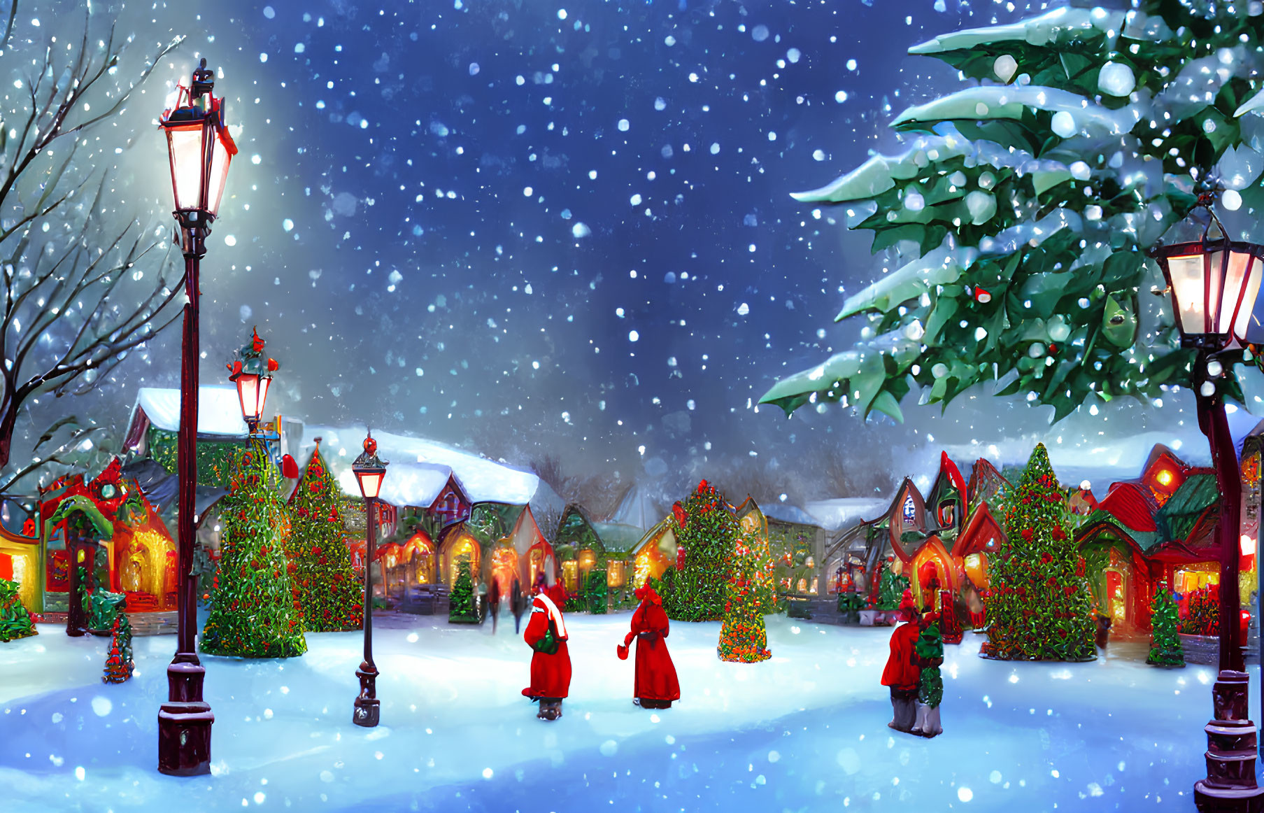 Snow-covered streets with festive decorations and red-cloaked figures.