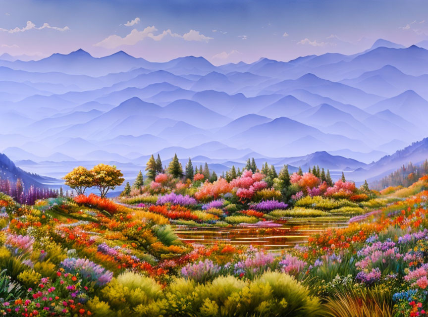 Vibrant landscape illustration with blue mountains and flower-filled fields
