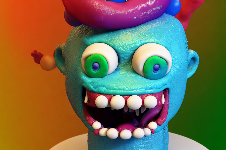 Colorful Clay Sculpture of Blue Creature with Exaggerated Features