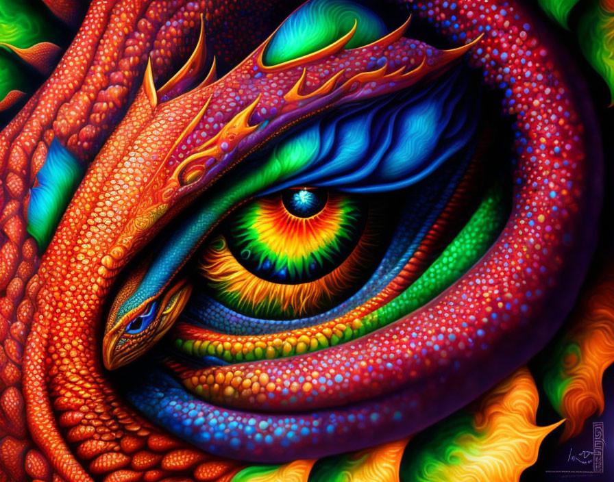 Detailed Dragon Eye Illustration with Red, Orange, Blue Scales