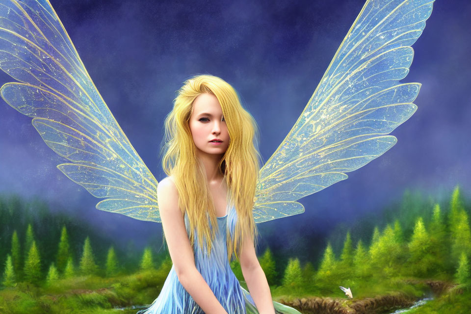 Woman with Large Translucent Blue Wings in Mystical Forest