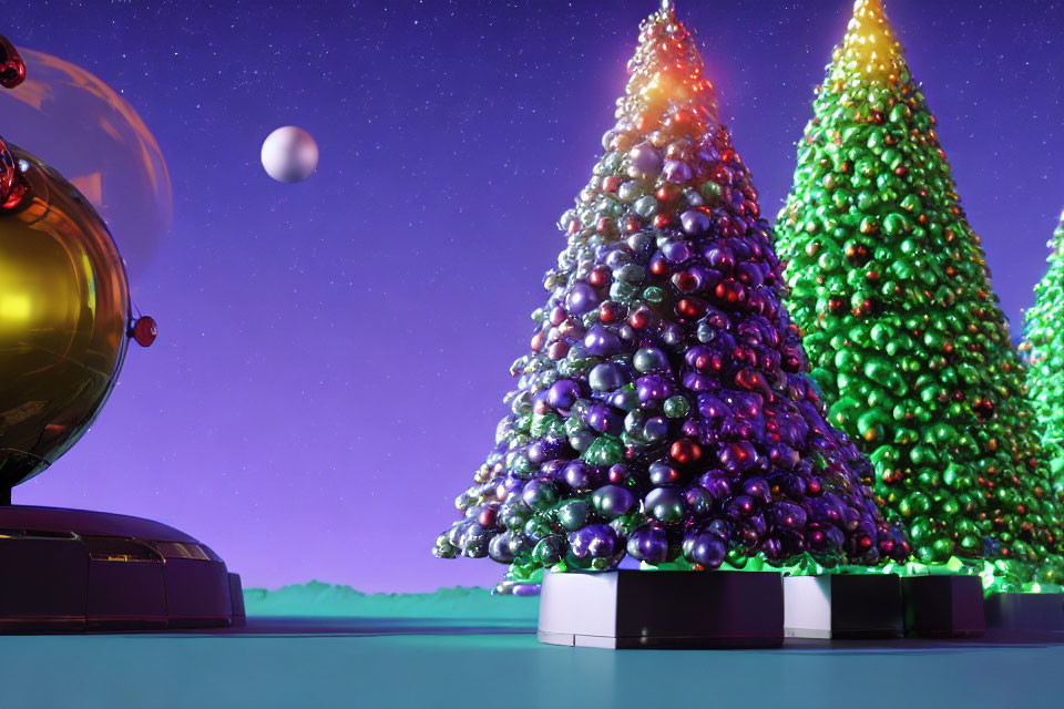 Ornate Christmas trees with colorful baubles under starry sky