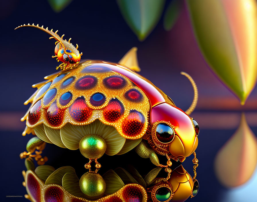 Colorful digital artwork: Metallic beetle with intricate patterns and smaller figure on its back