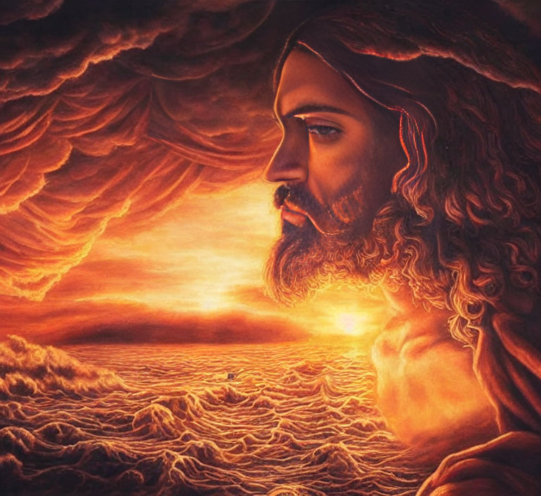 Bearded man gazing at sunset over clouds with warm orange and red tones