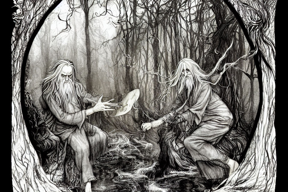 Elderly figures with long beards in mystical forest setting performing magical ritual.