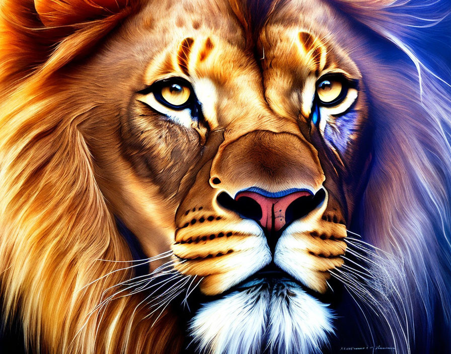 Vivid digital art portrait of a lion with intense blue eyes & colorful mane on dark background
