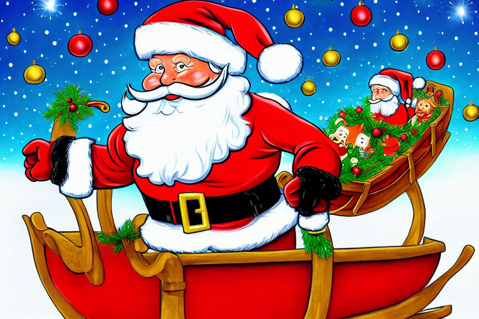 Festive Santa Claus illustration with gifts on sleigh under starry sky