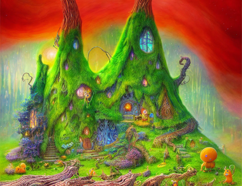 Vibrant Fantasy Landscape with Tree Houses and Whimsical Creatures