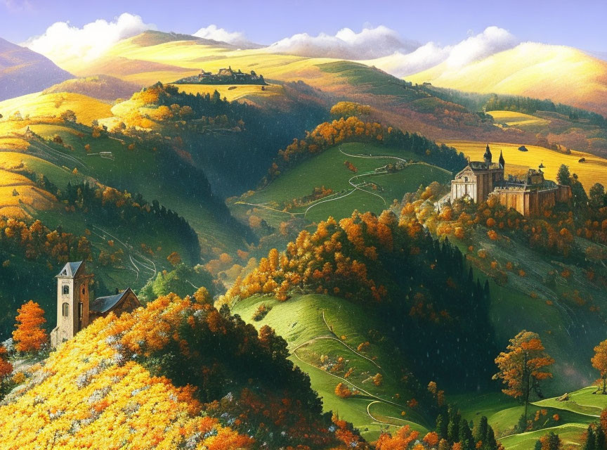 Vibrant autumn landscape with church and castle in sunlight