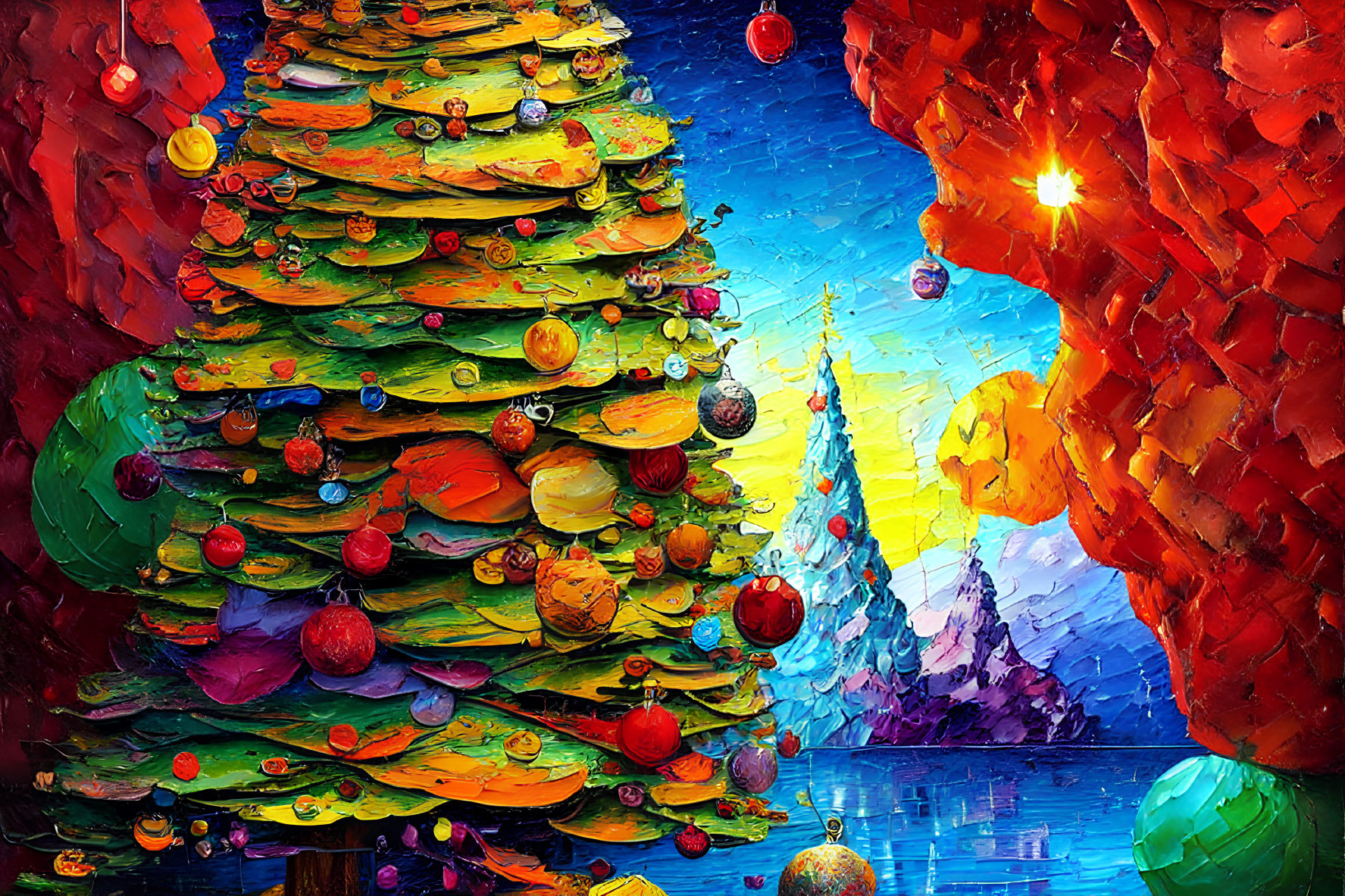 Colorful Christmas Tree Painting on Blue Icy Landscape