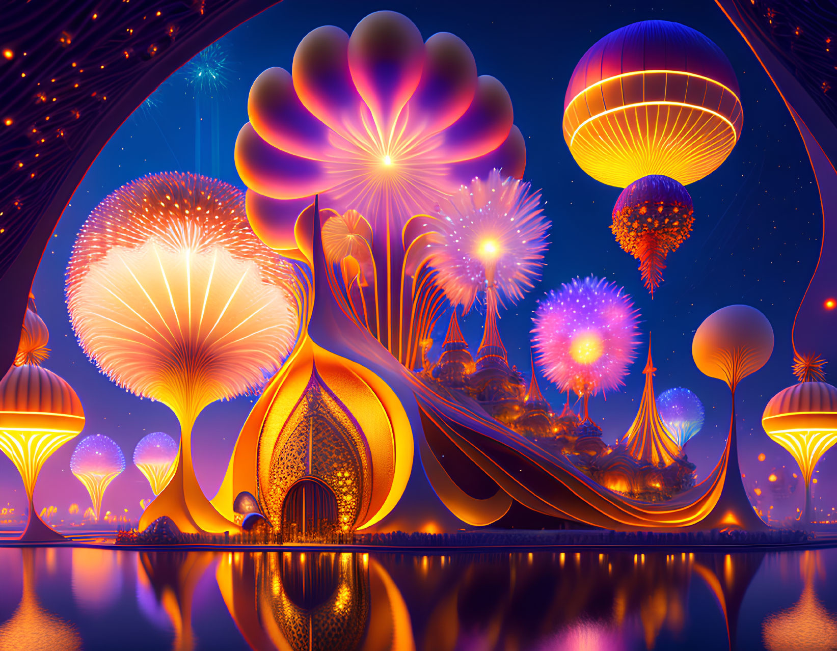 Fantastical landscape with glowing mushrooms and fireworks under starry sky