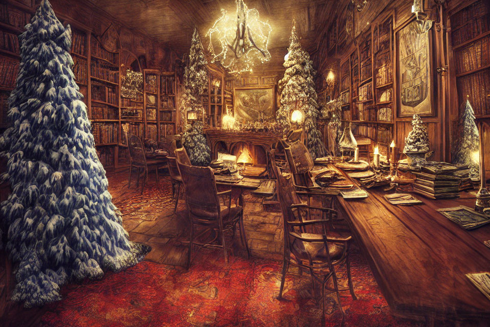 Traditional Christmas-themed room with fireplace, tree, chandelier, and wooden furniture.