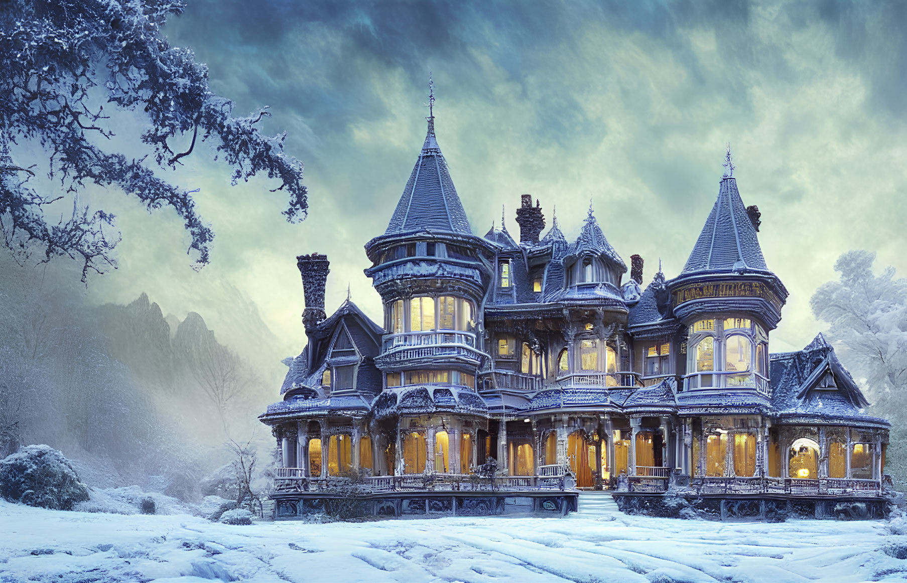 Victorian Mansion in Snowy Landscape at Twilight