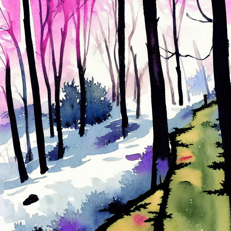 Vibrant Watercolor Painting of Forest with Pink Tree Canopy