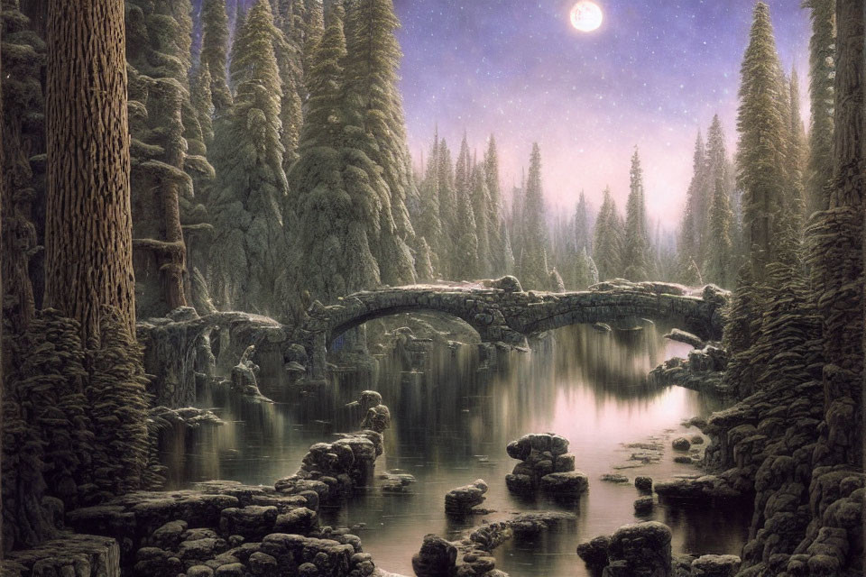 Mystical forest scene with snow-covered trees and stone bridge