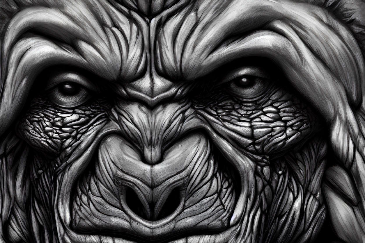 Monochrome close-up of intense gorilla face with textured features