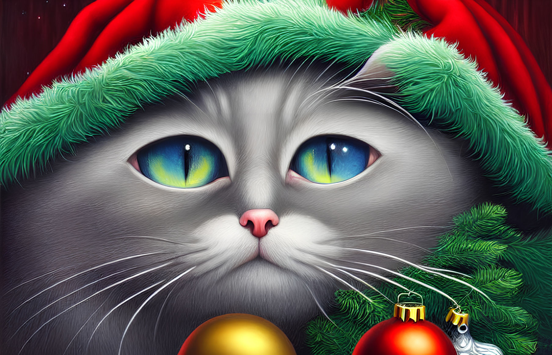 Grey Cat with Blue Eyes in Santa Hat Among Christmas Decorations