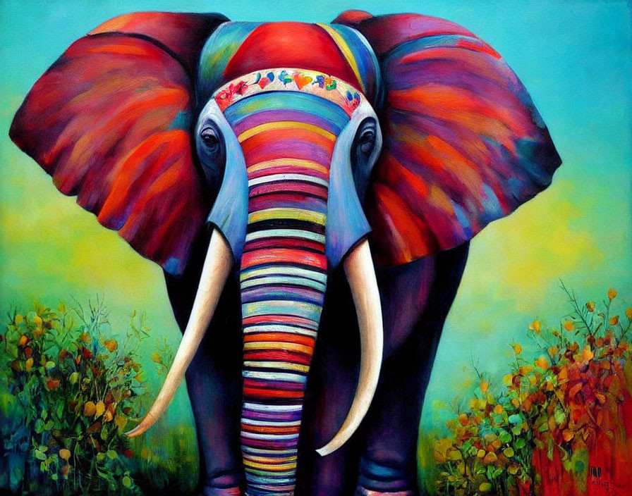Colorful Elephant Painting on Floral Background