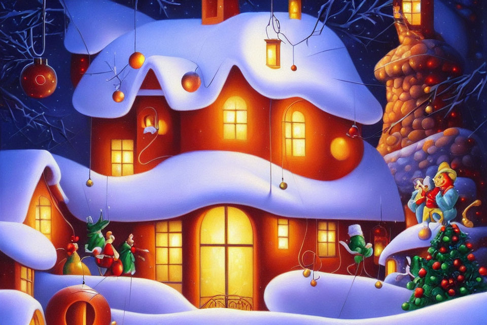 Snow-covered Christmas house with festive characters in whimsical illustration