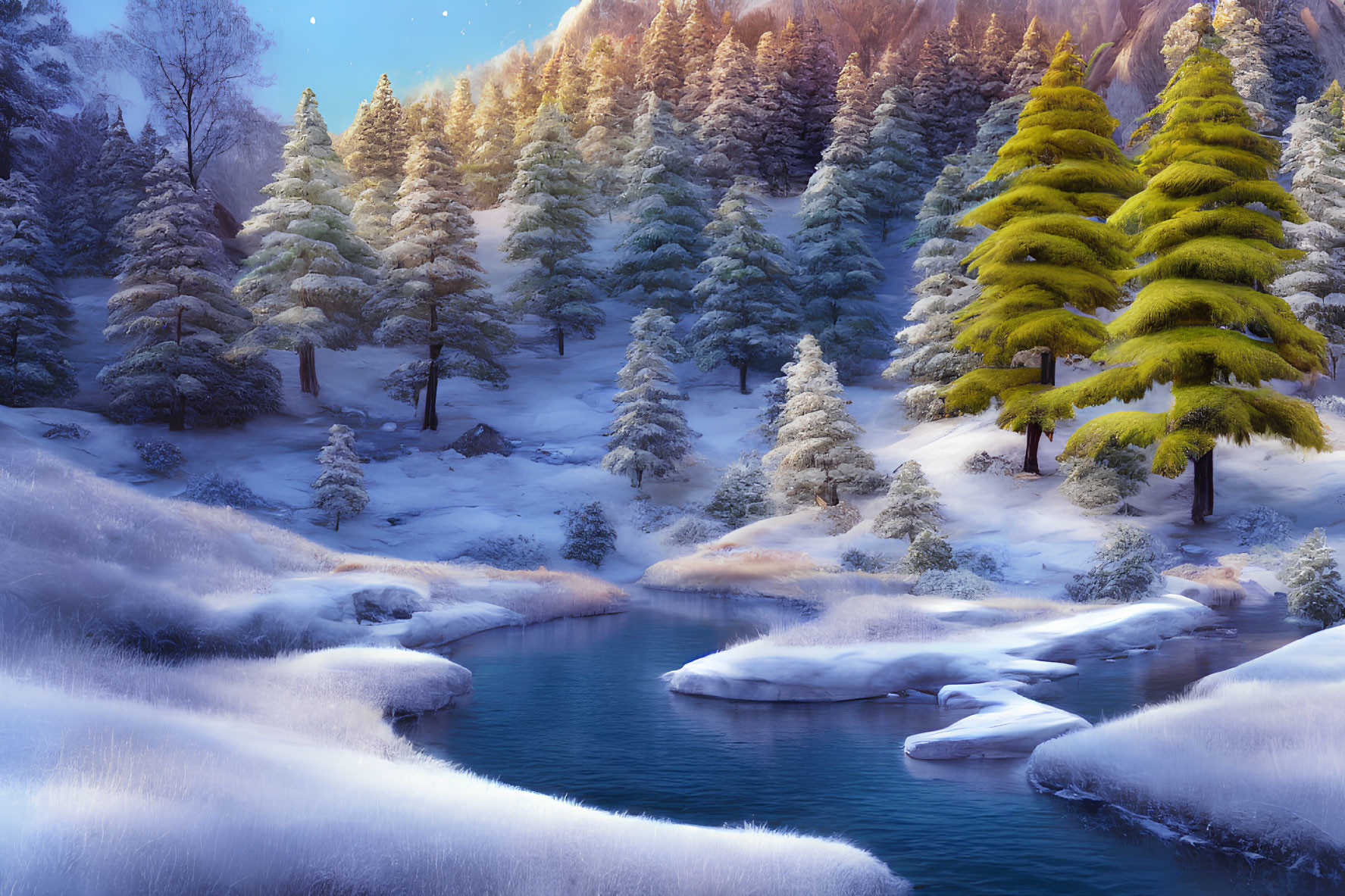 Snow-covered trees, river, and mountain in serene winter landscape