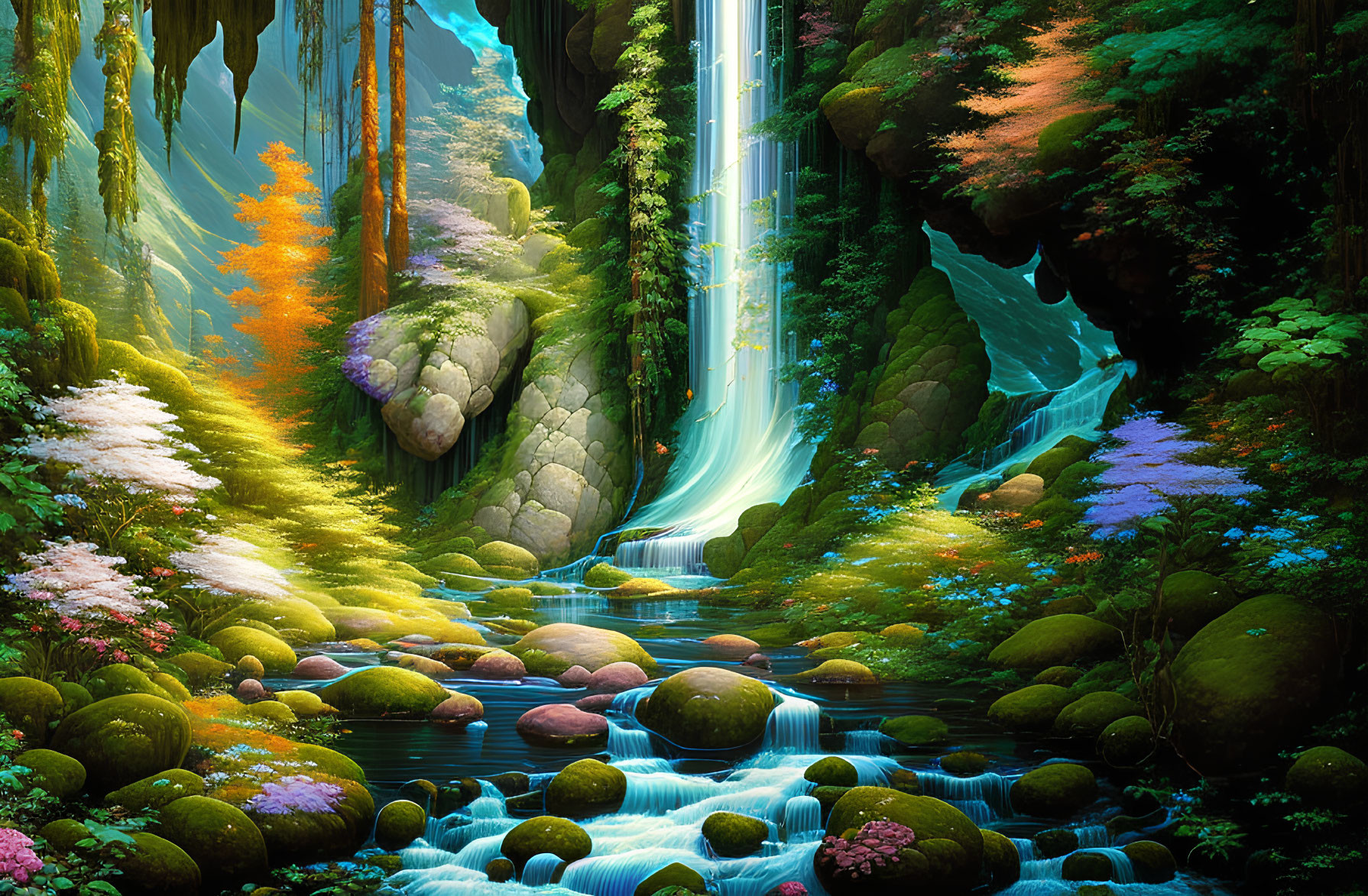 Enchanting woodland scene with waterfall, vibrant flora, moss-covered stones, serene pond