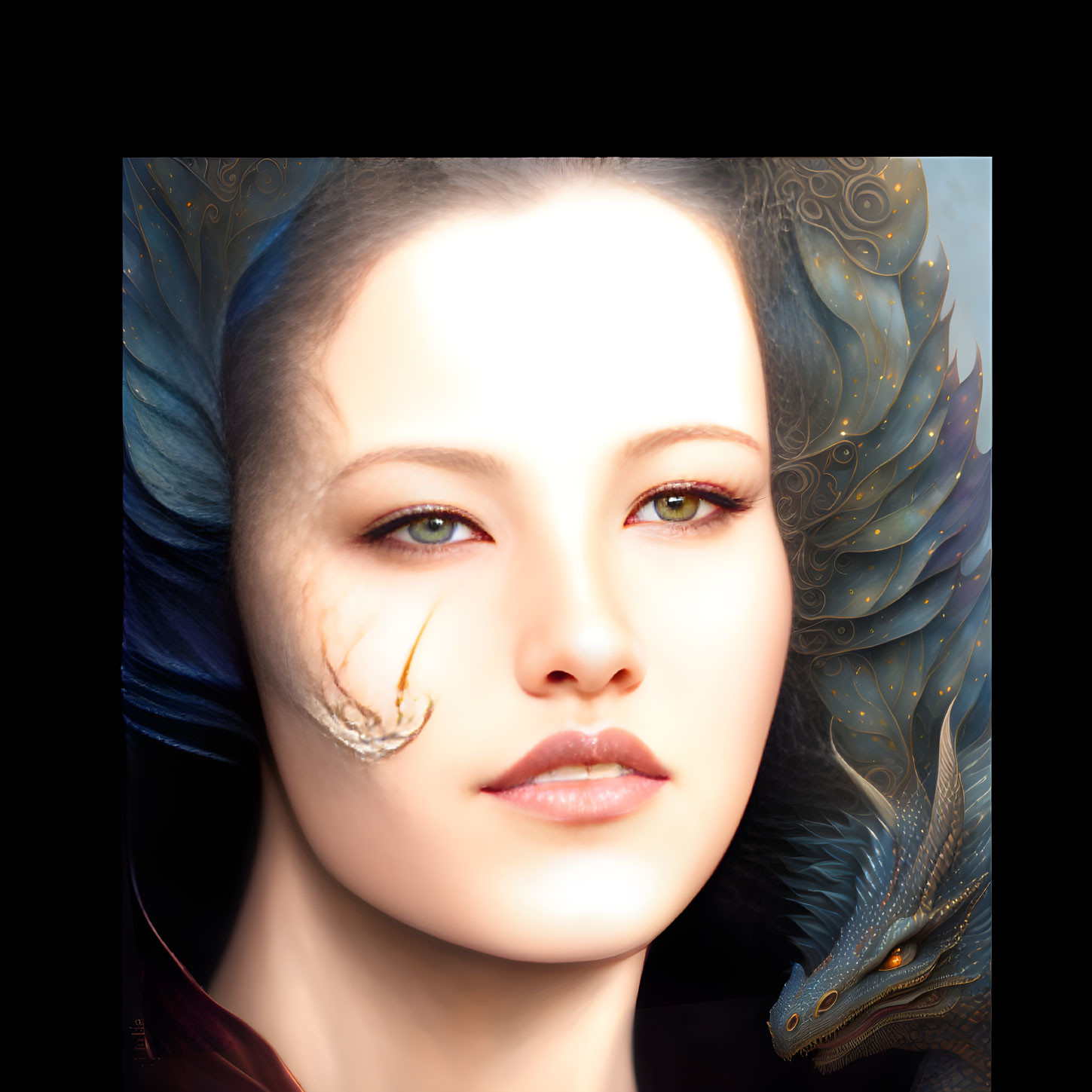 Woman with heterochromia and blue feathers beside a dragon-like creature
