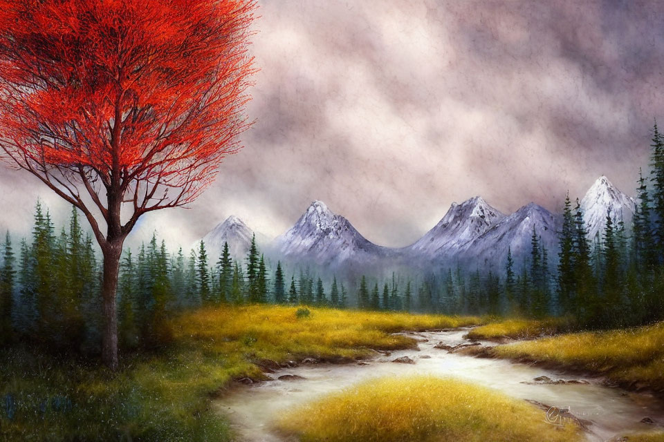 Vivid landscape with red tree, stream, and snow-capped mountains