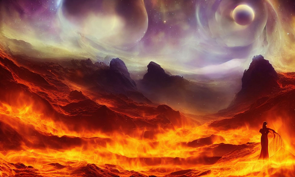 Surreal volcanic landscape with lone figure and swirling planets