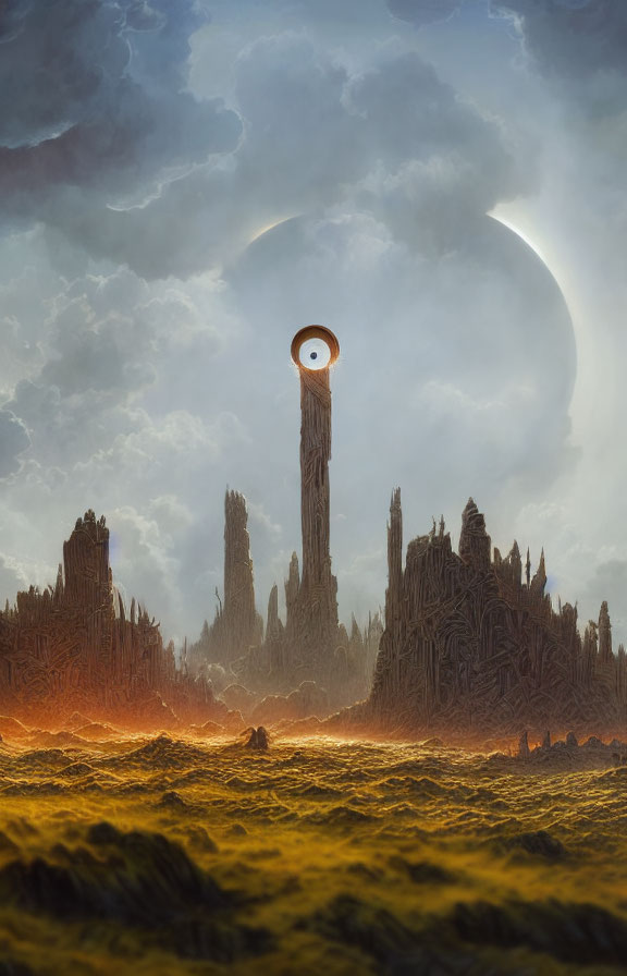 Fantastical landscape with towering eye structure and crescent moon