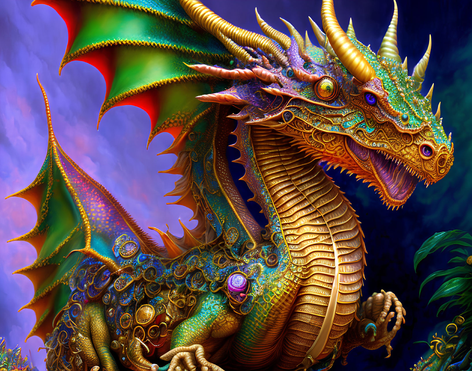 Detailed colorful dragon illustration with intricate scales and large wings