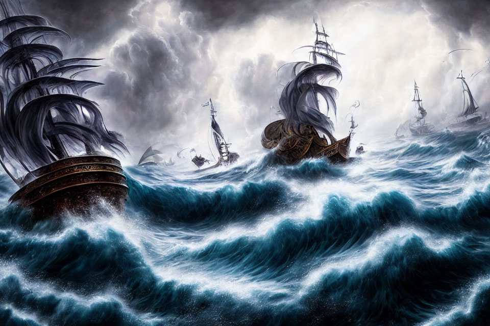 Sailing ships battling heavy seas and fierce winds in nautical chaos