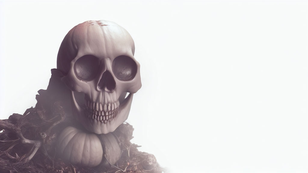 Skull with eerie smile on leaves with pumpkin in soft light