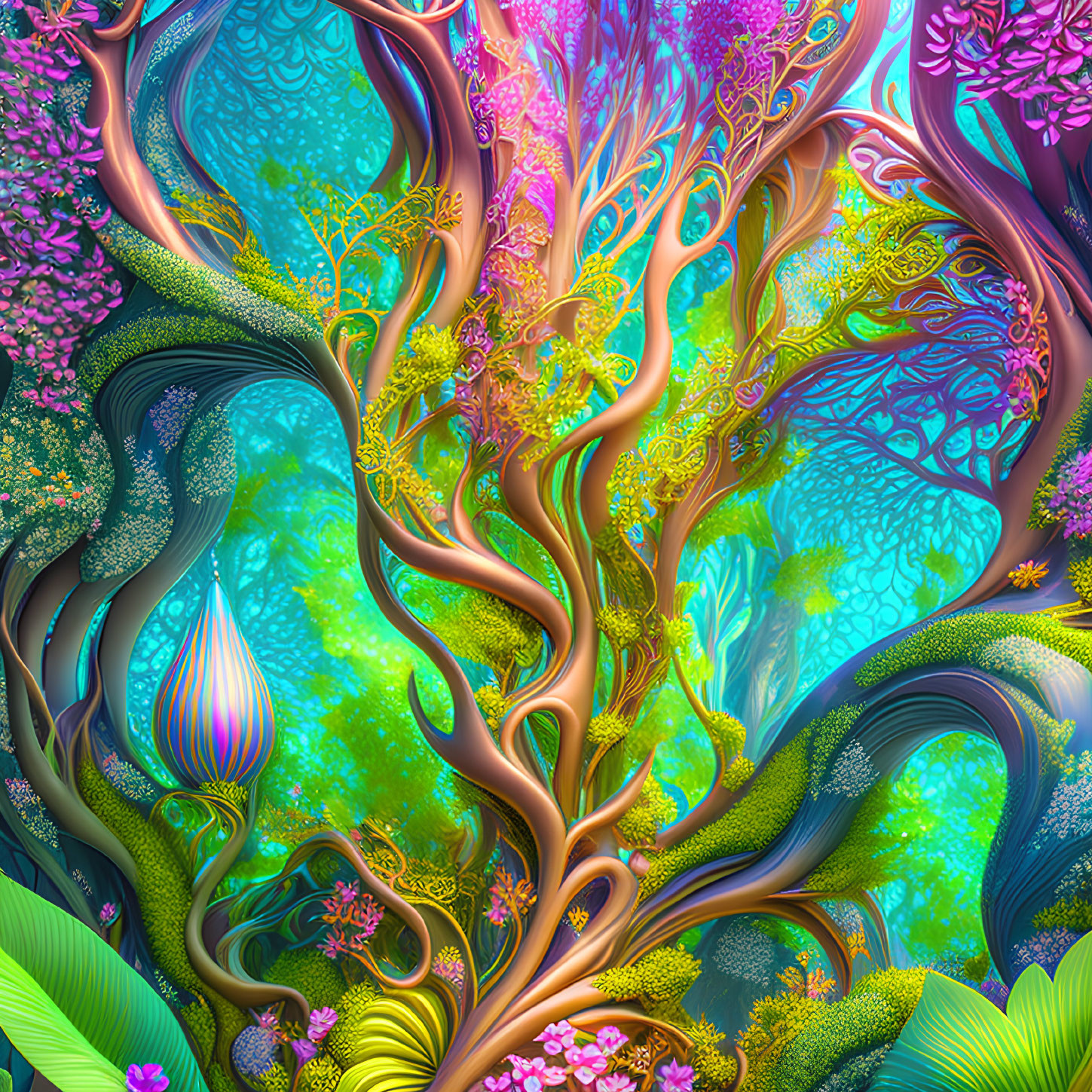 Colorful surreal forest artwork with intricate trees and lush foliage