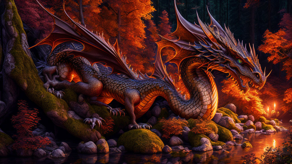 Majestic dragon with orange and golden scales in fiery autumn forest