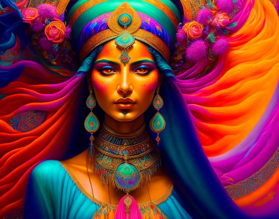 Colorful Woman Portrait with Intricate Headdress & Flowing Hair