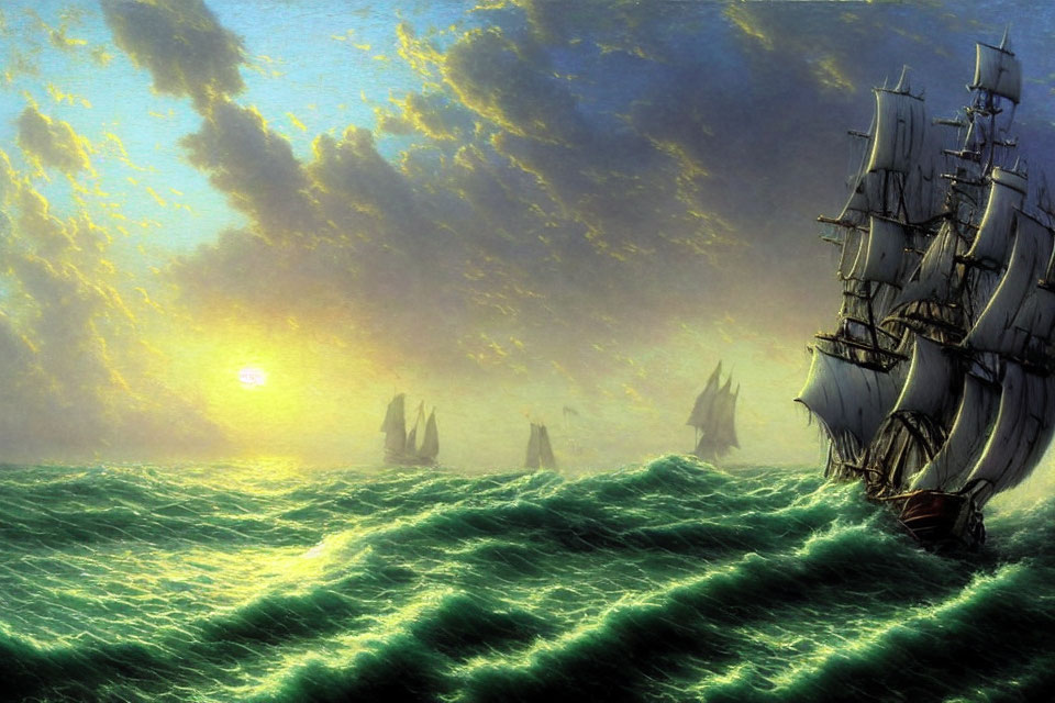 Tall Ship Sailing in Turbulent Sea at Sunset