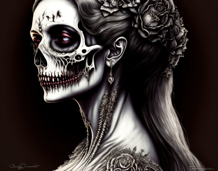 Skeletal figure with human and skull face halves on black background